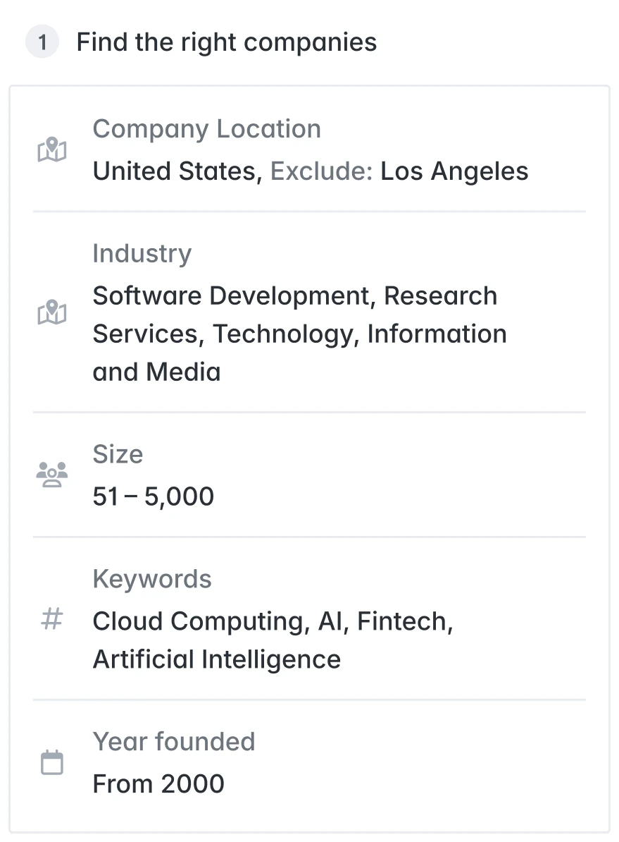 Search filters narrowing companies by location, industry, size, keywords, and year founded.