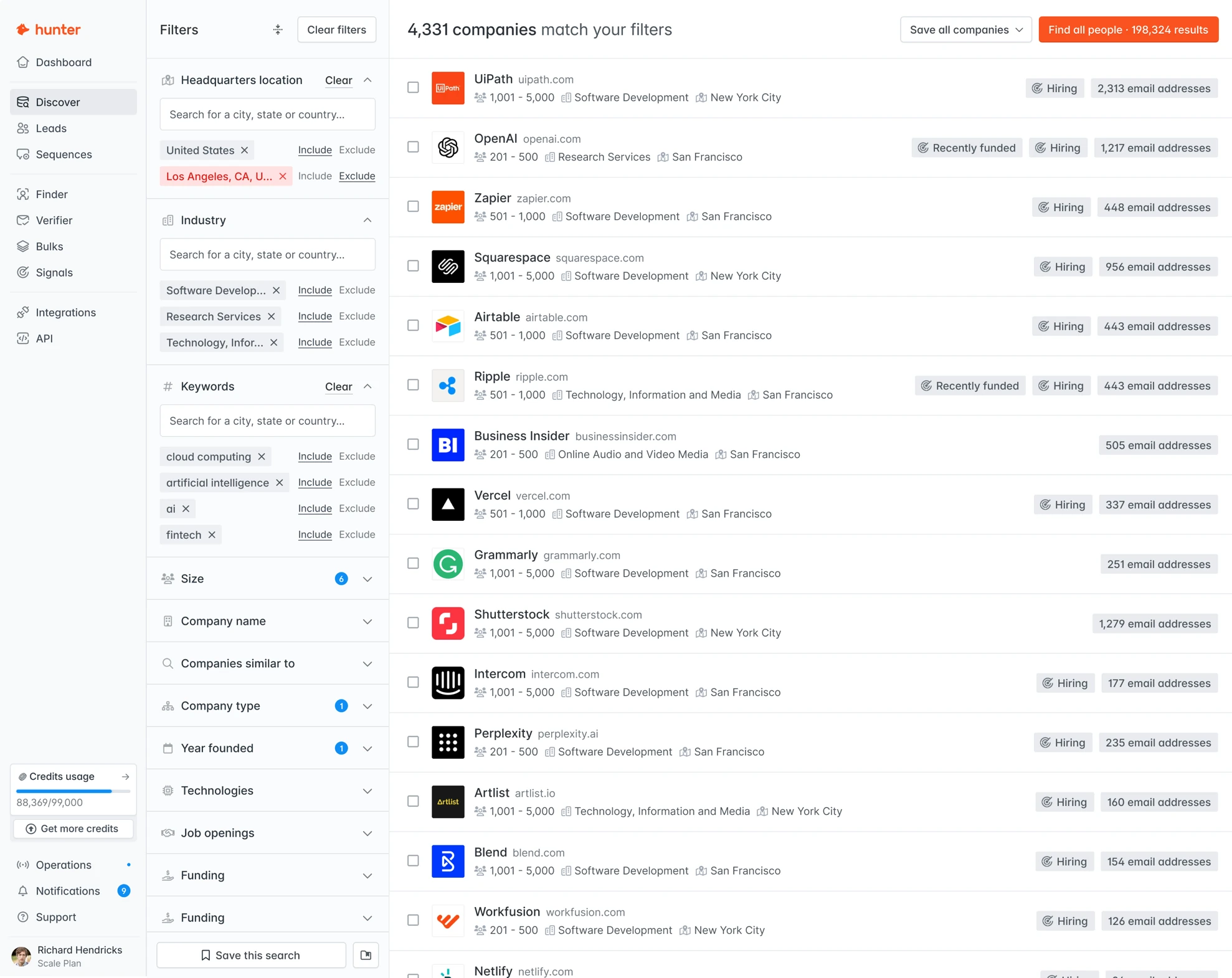The Hunter app listing the companies that match a set of search filters.