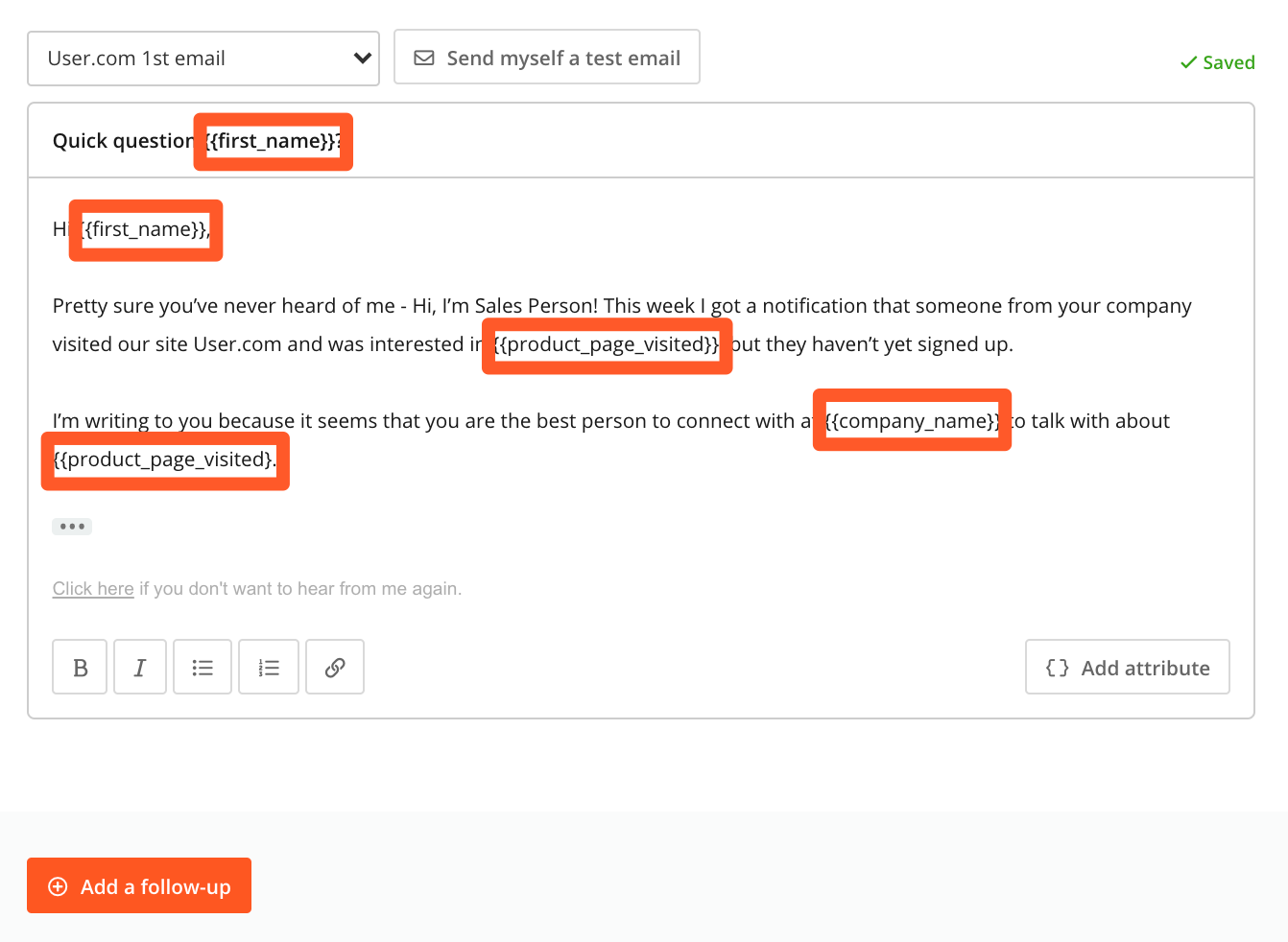 Custom attributes in cold email in Hunter Campaigns