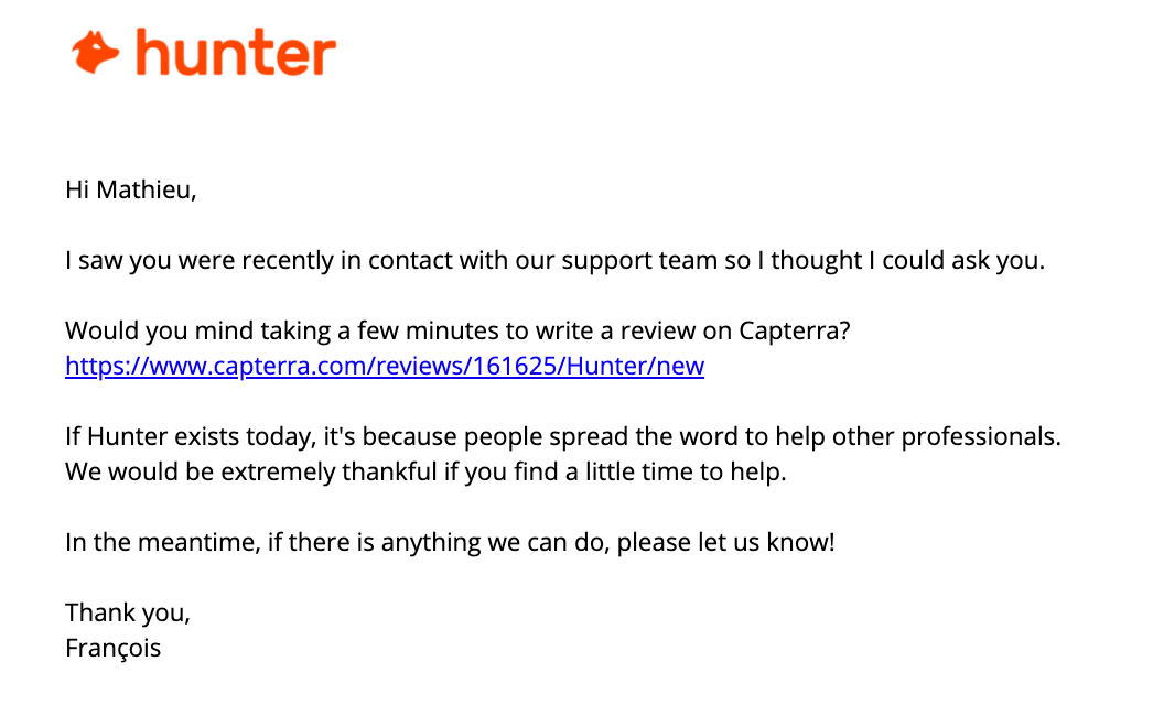 Hunter's email to get reviews from Capterra