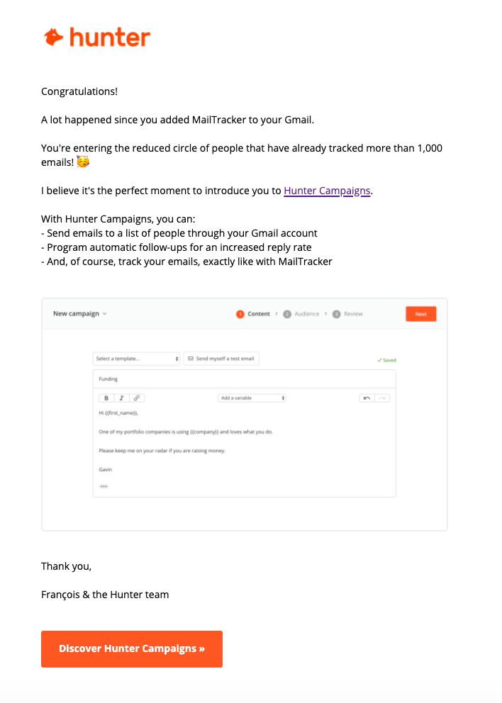 Email Hunter sends to people who reached 1000 tracked emails announcing key tool