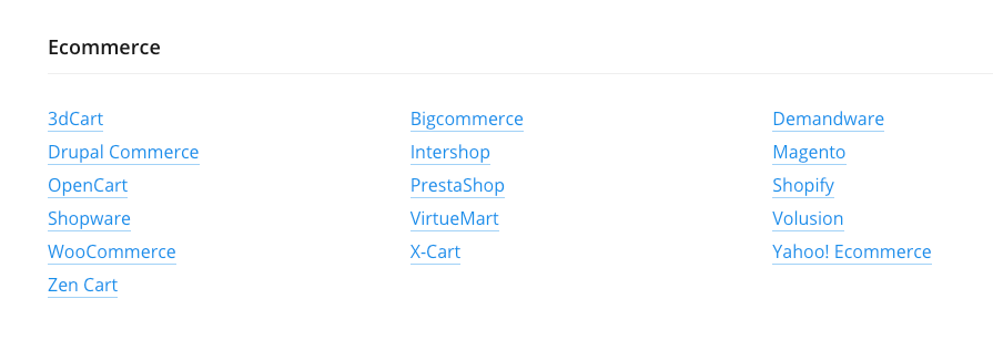Hunter TechLookup, list of ecommerce technologies