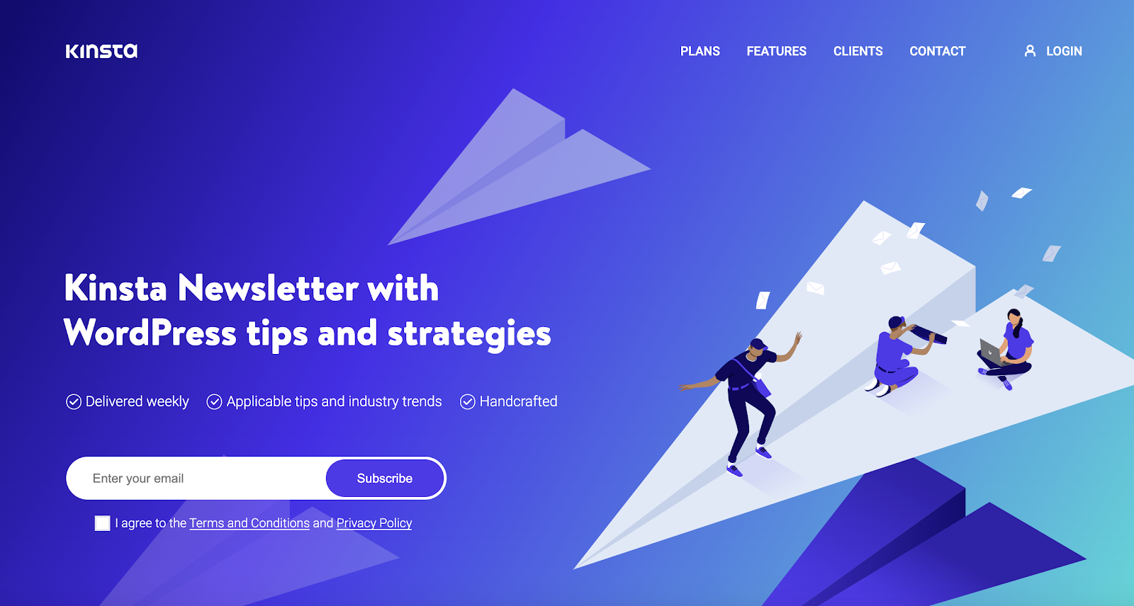 Kinsta's newsletter page with subscription form