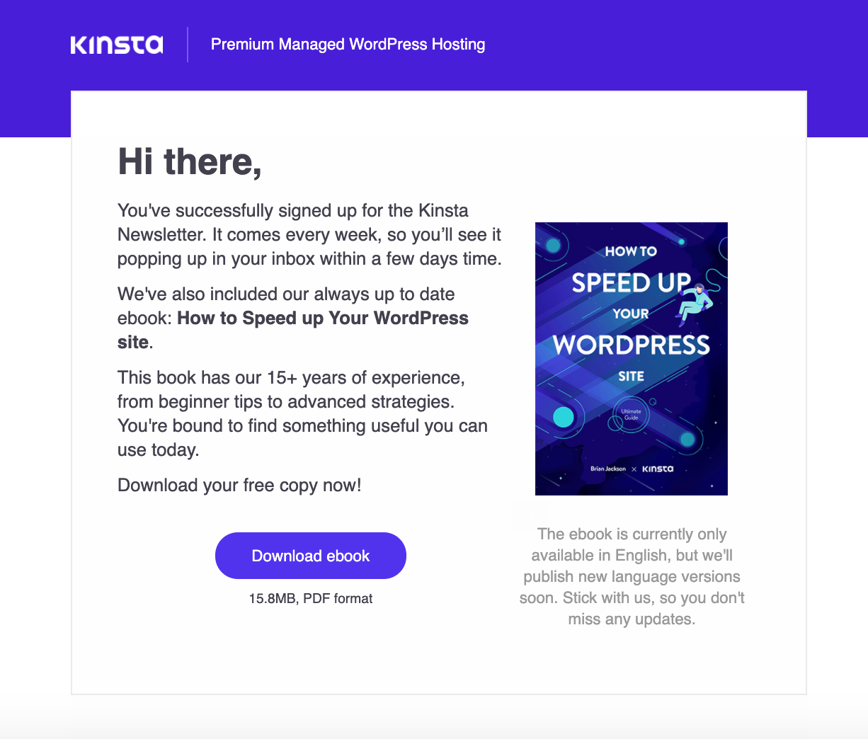 Kinsta's first email after newsletter subscription