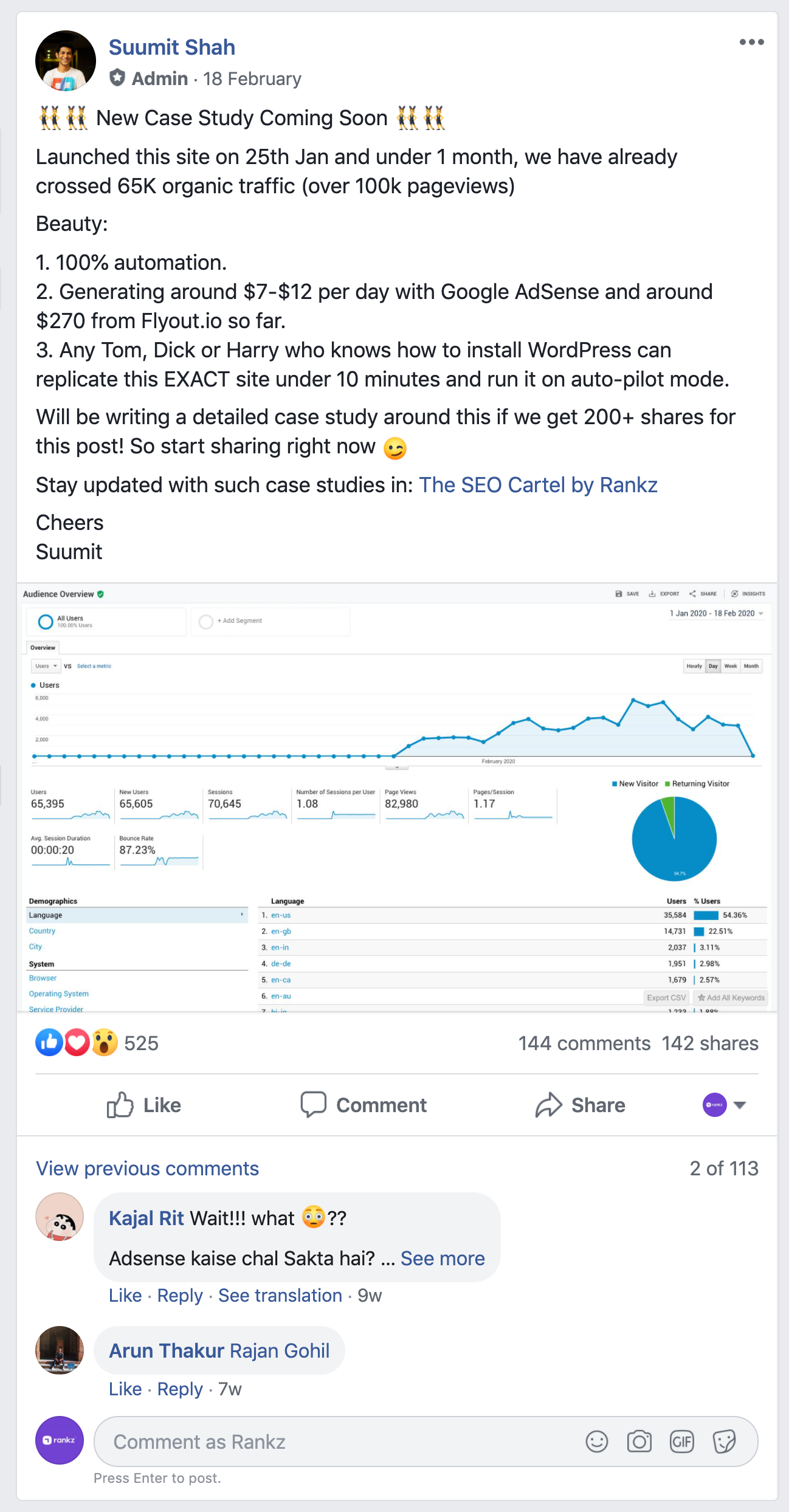 Post Rankz posted in their group about the upcoming case study