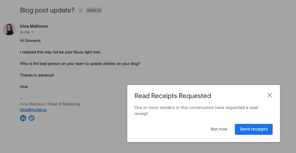 Request a read receipt pop-up