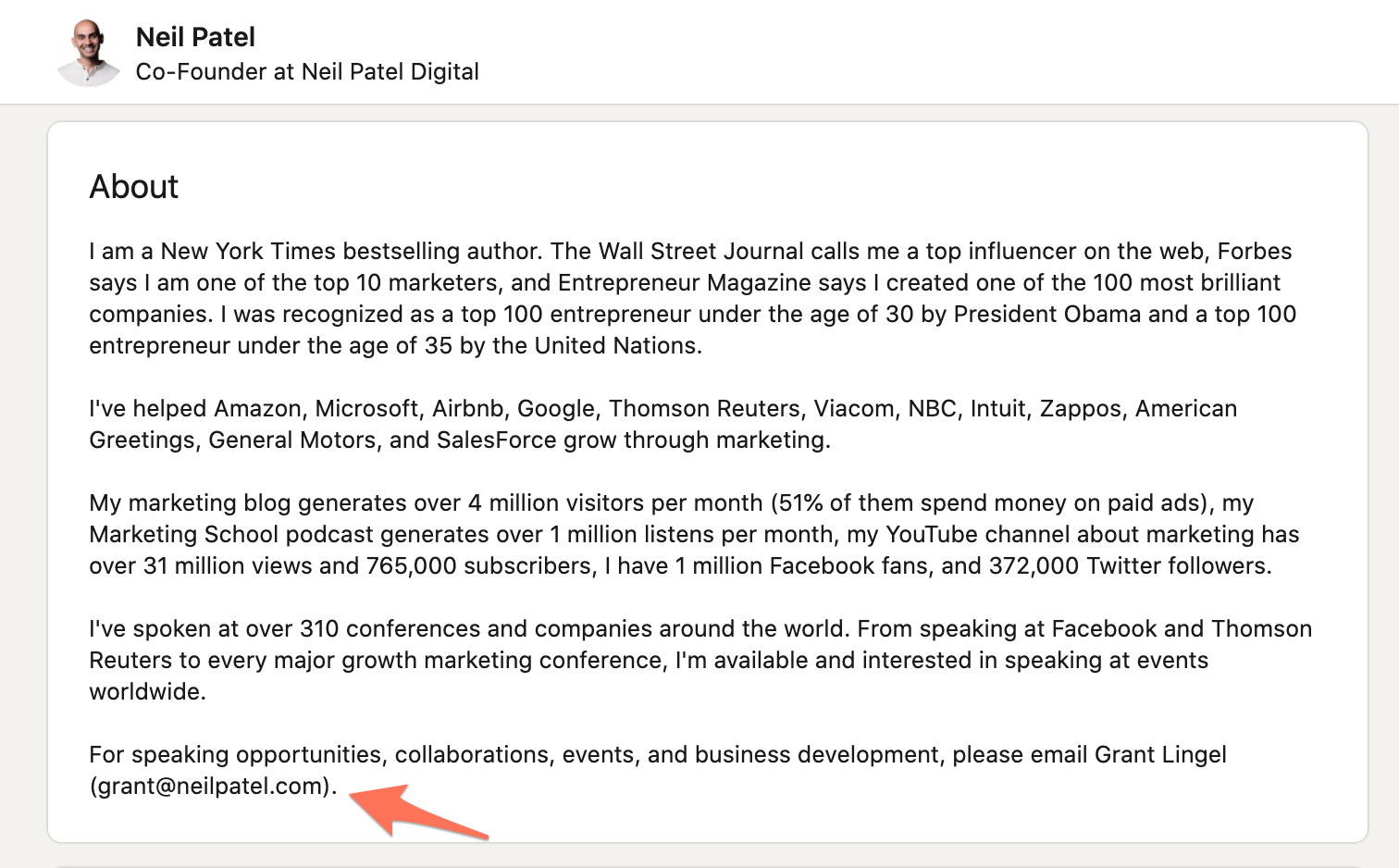 Email address in LinkedIn bio