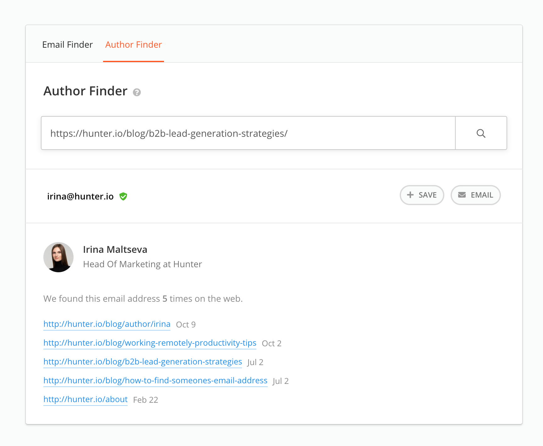 Example of Author Finder result