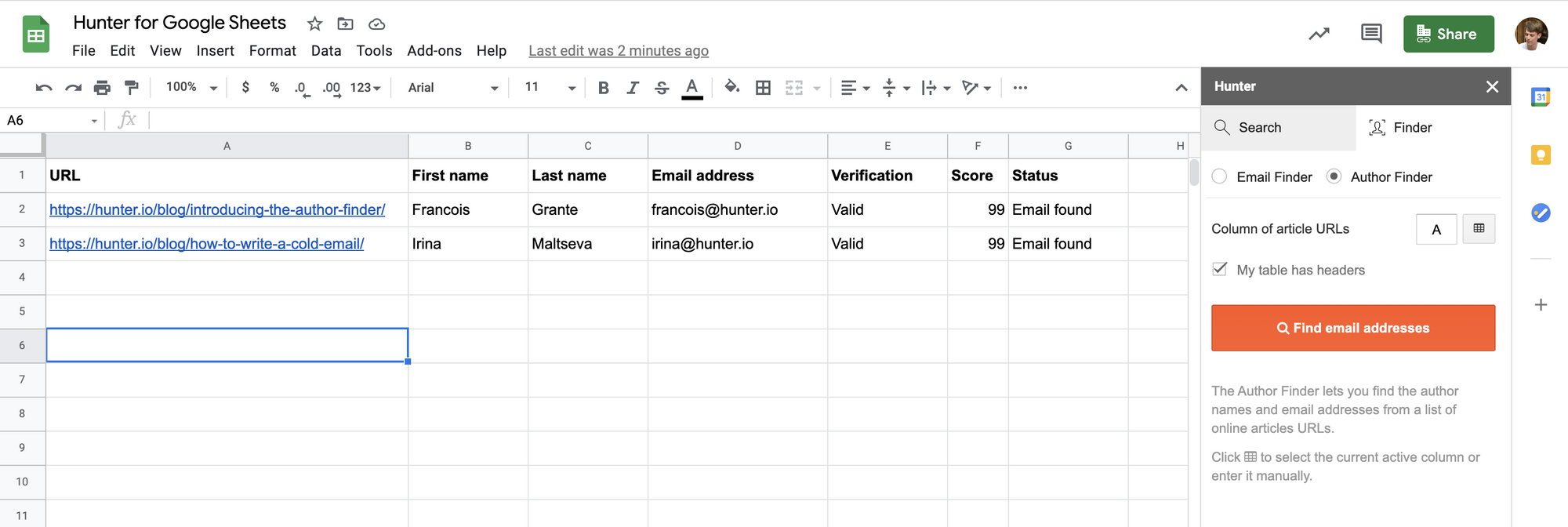 Author Finder in the Google Sheets add-on