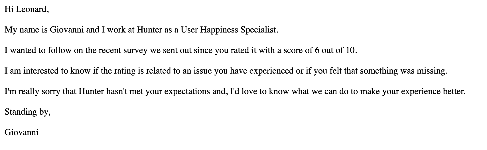 Email to get customer's feedback