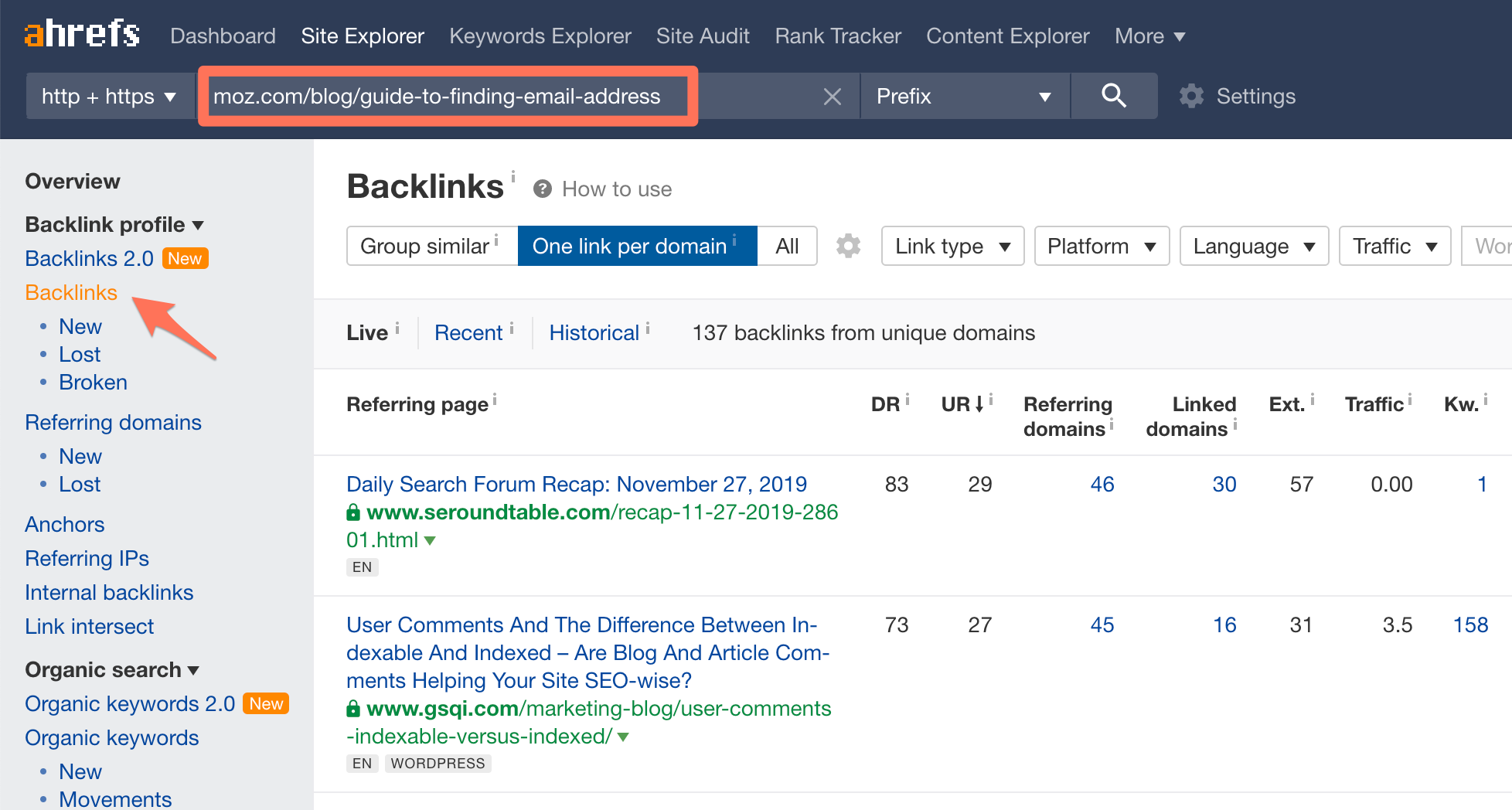 Site Explorer backlinks report