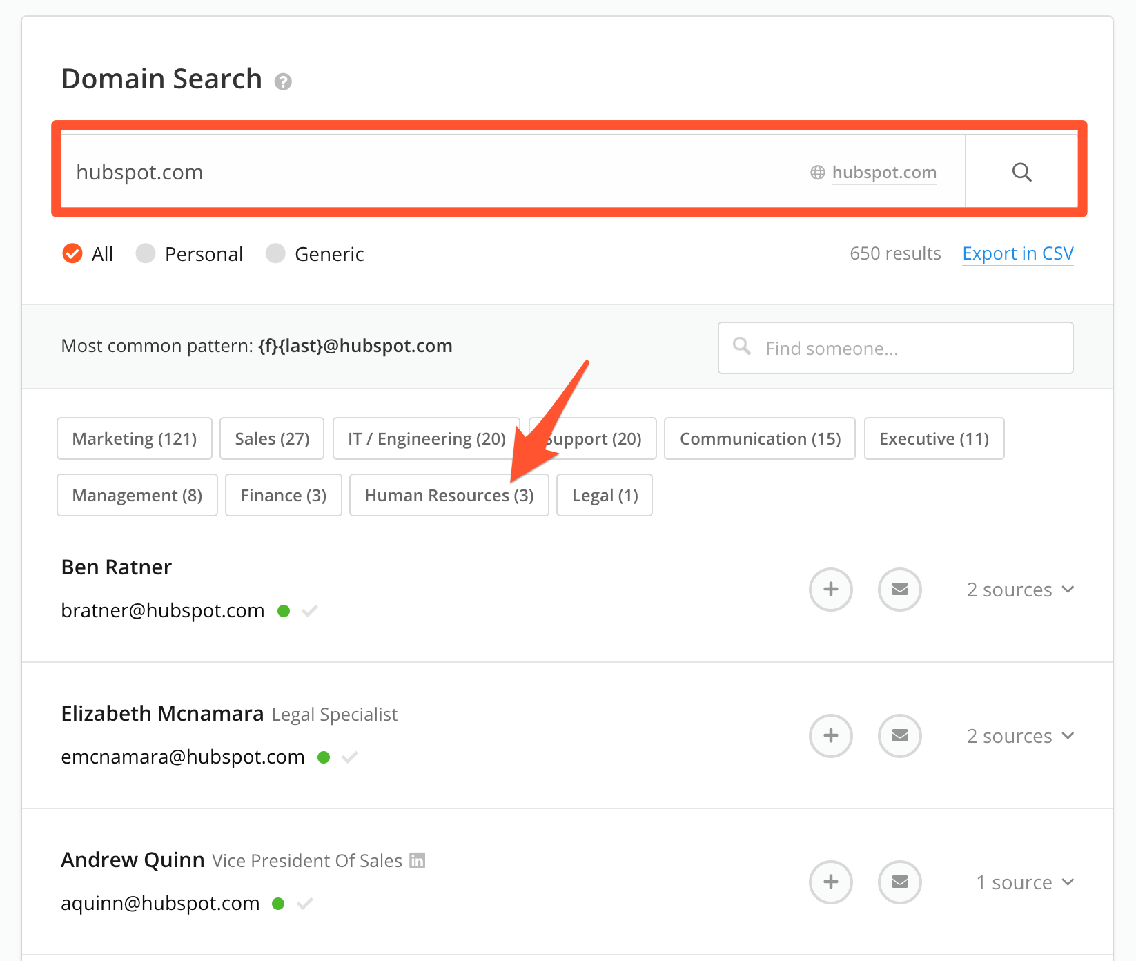 Use Domain Search to find company emails