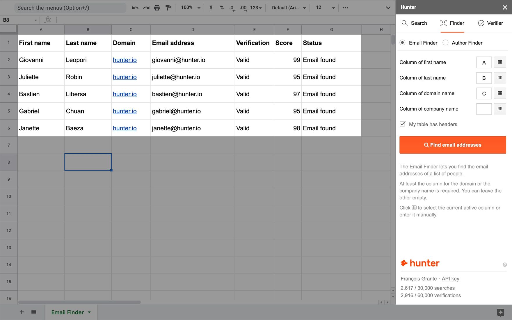 Hunter Google Sheets add-on