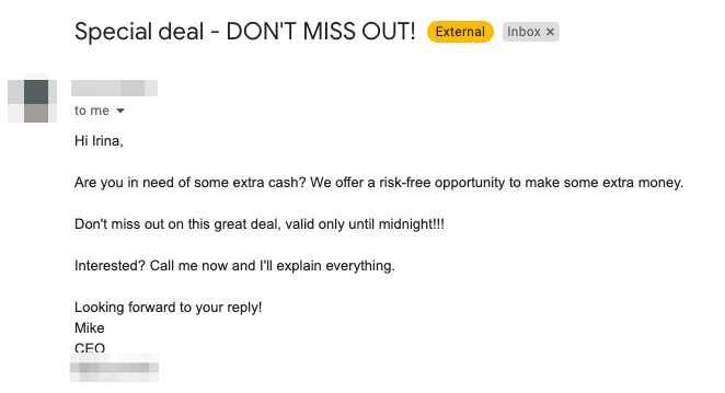 Example of a spammy email