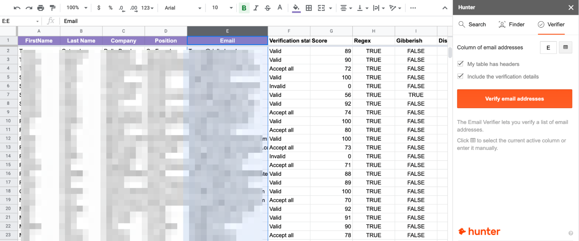 Verify email in Google Sheets