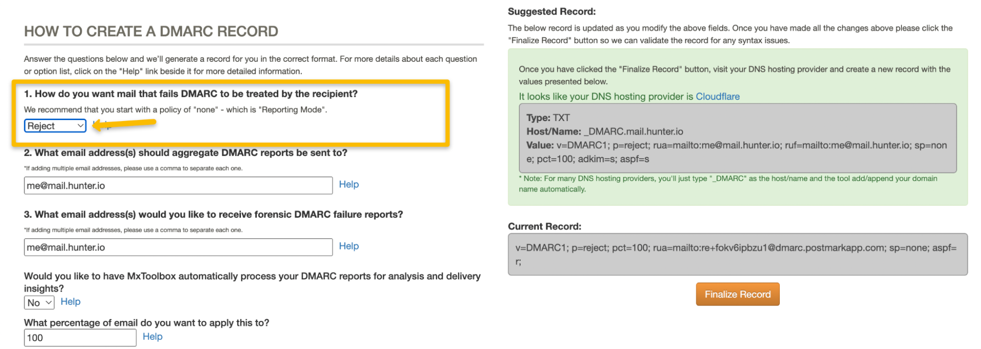 DMARC policy settings