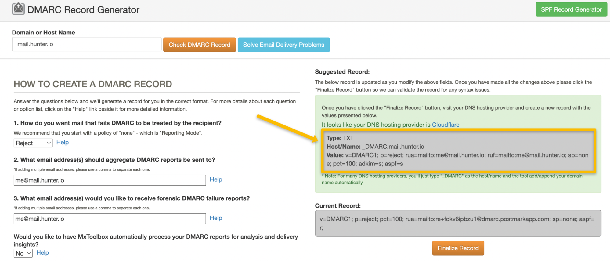Generated DMARC record