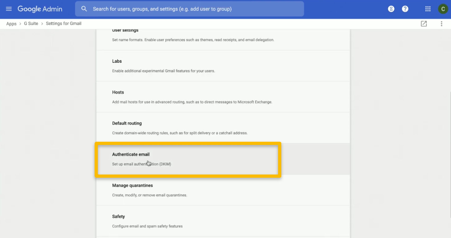 Email authentication section in Google admin console