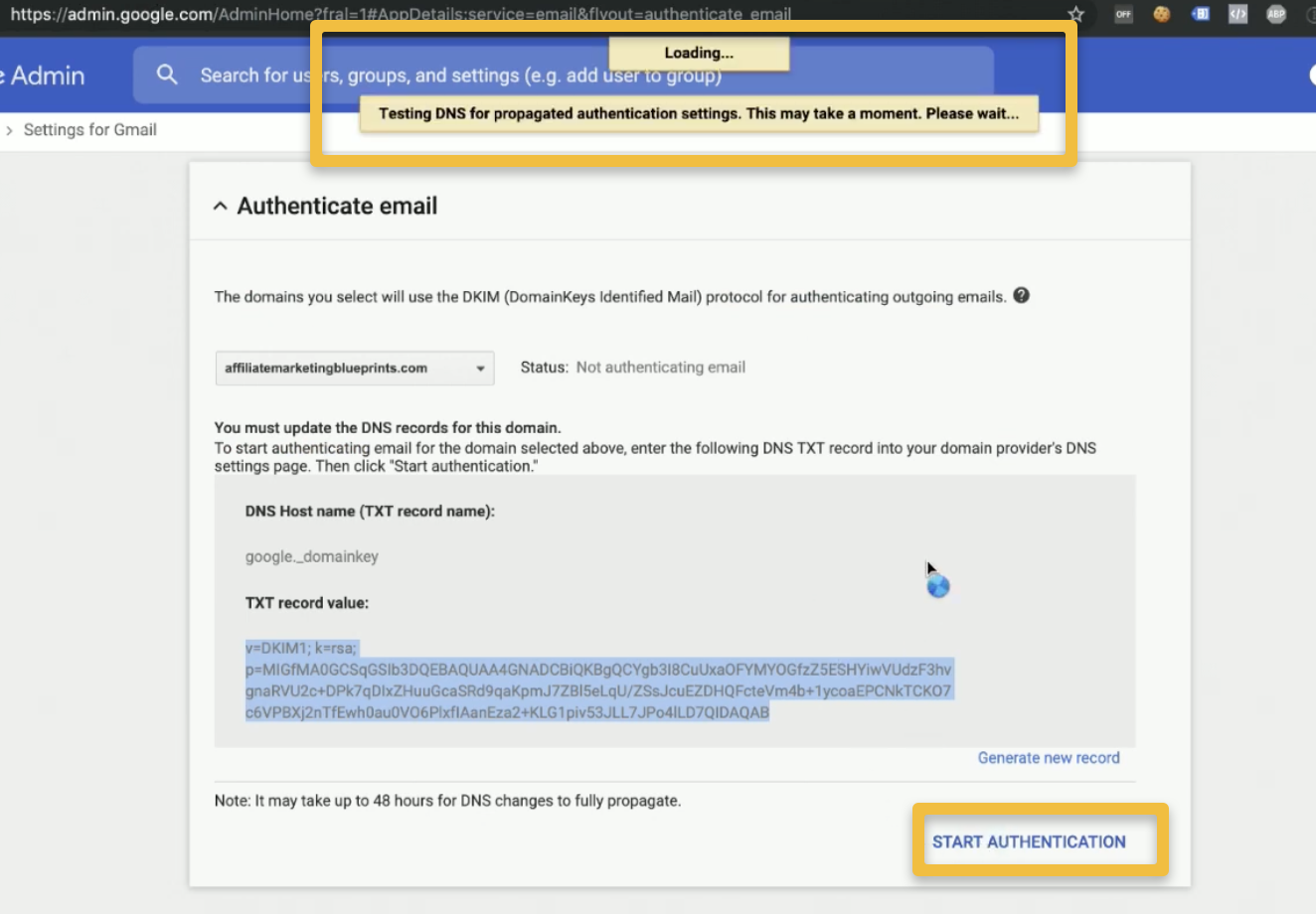 Start DKIM authentication in Google Admin console
