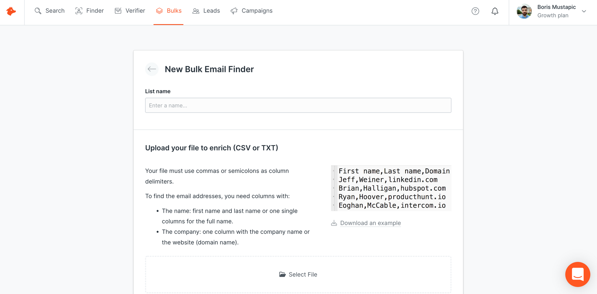 New Bulk Email Finder search