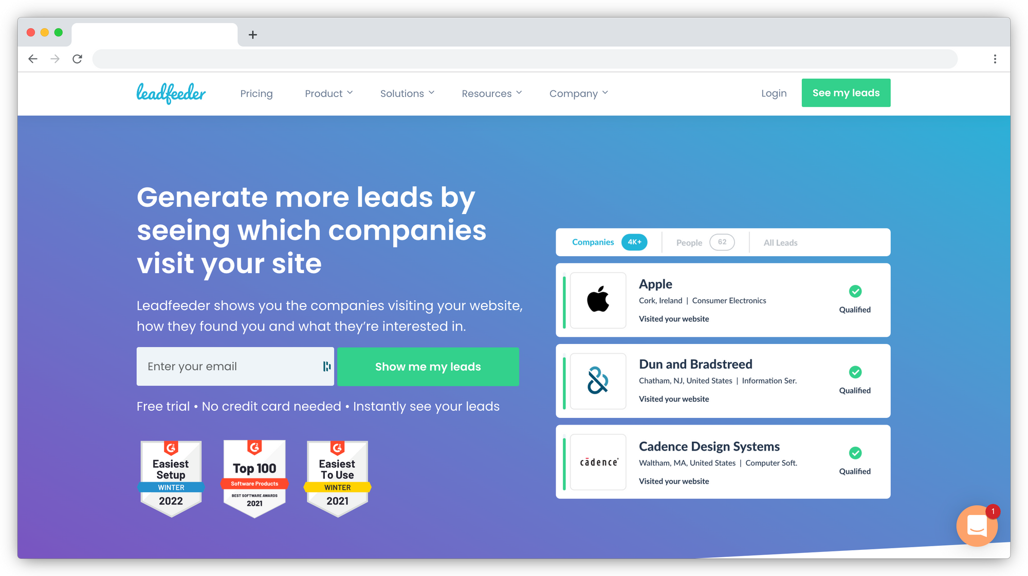 Screenshot of the Leadfeeder homepage