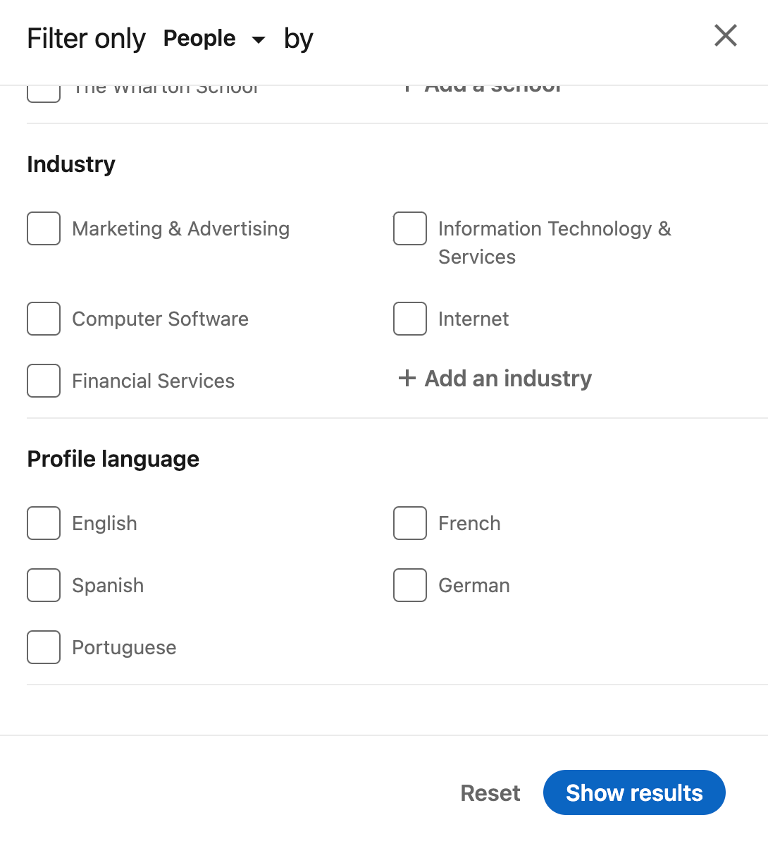 LinkedIn Advanced Search filter selection