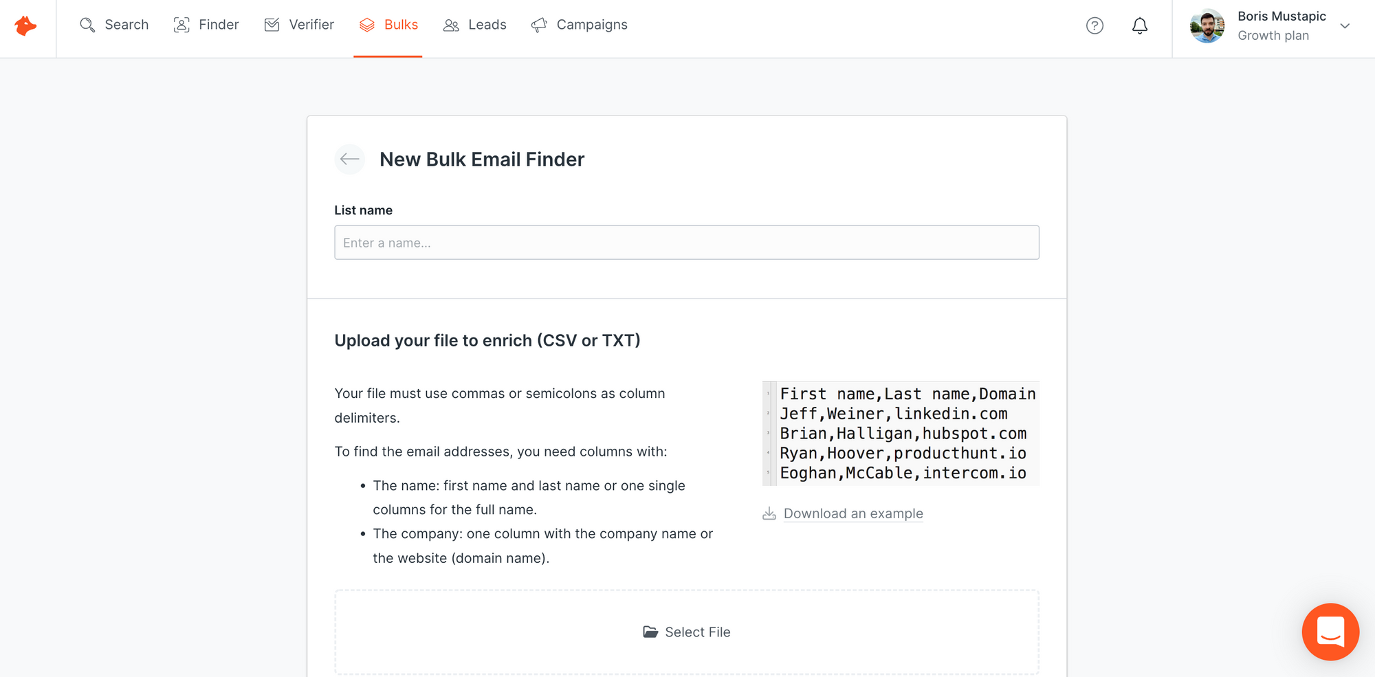 New Bulk Email Finder task