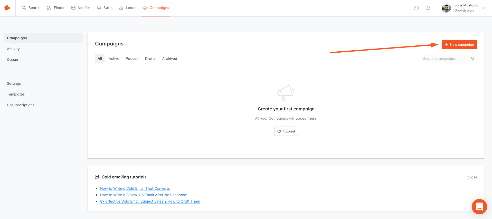 Creating a new cold email campaign in Hunter Campaigns
