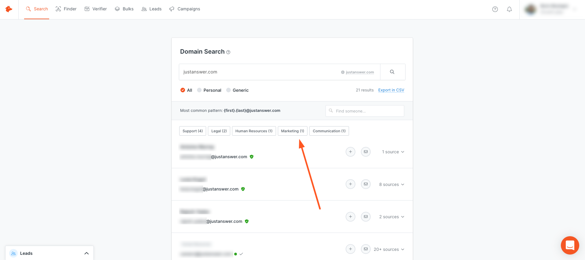 Filtering contacts by department using Domain Search