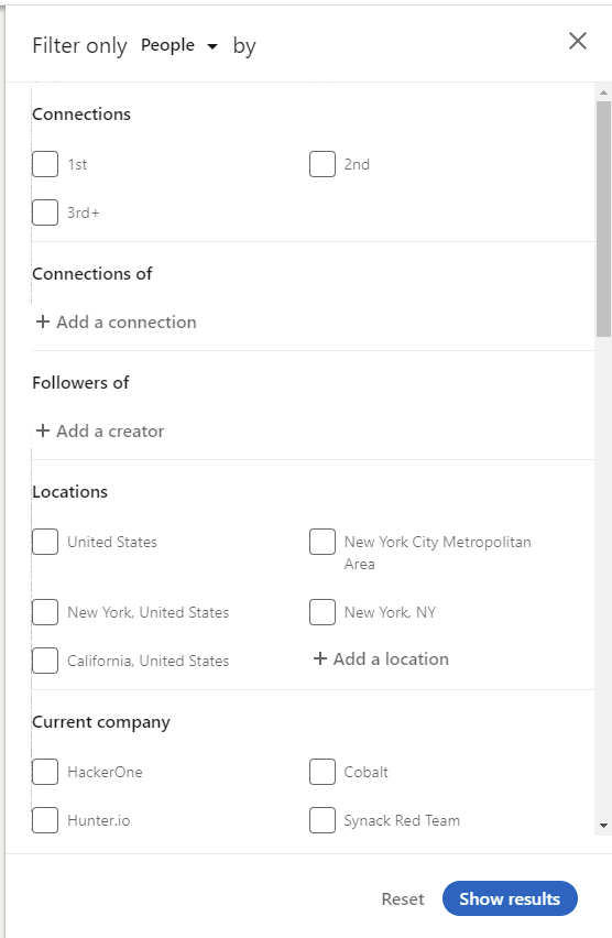 LinkedIn search filters