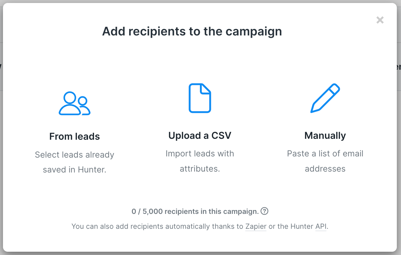 Adding recipients to a campaign in Hunter Campaigns