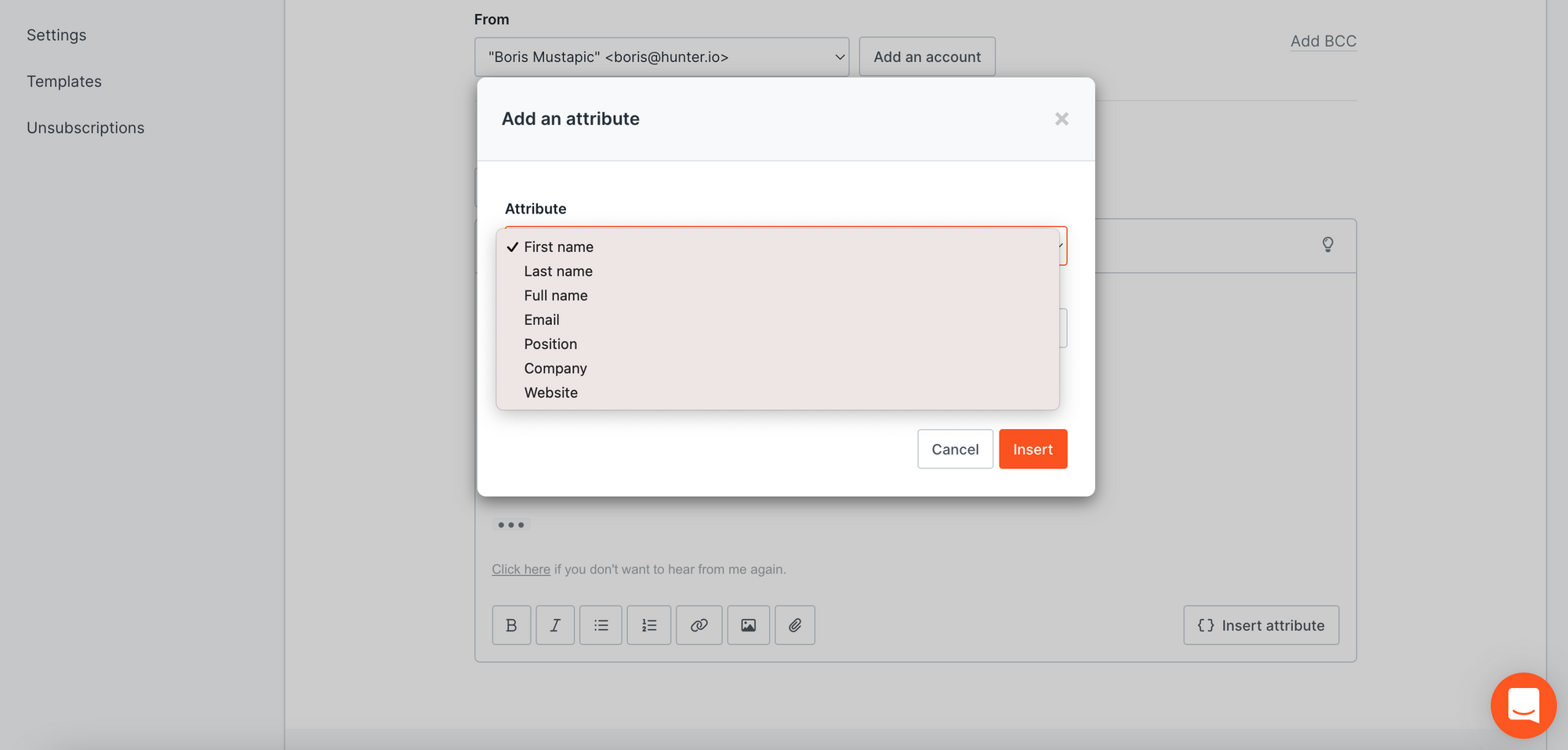 Personalizing emails in Hunter Campaigns using attributes
