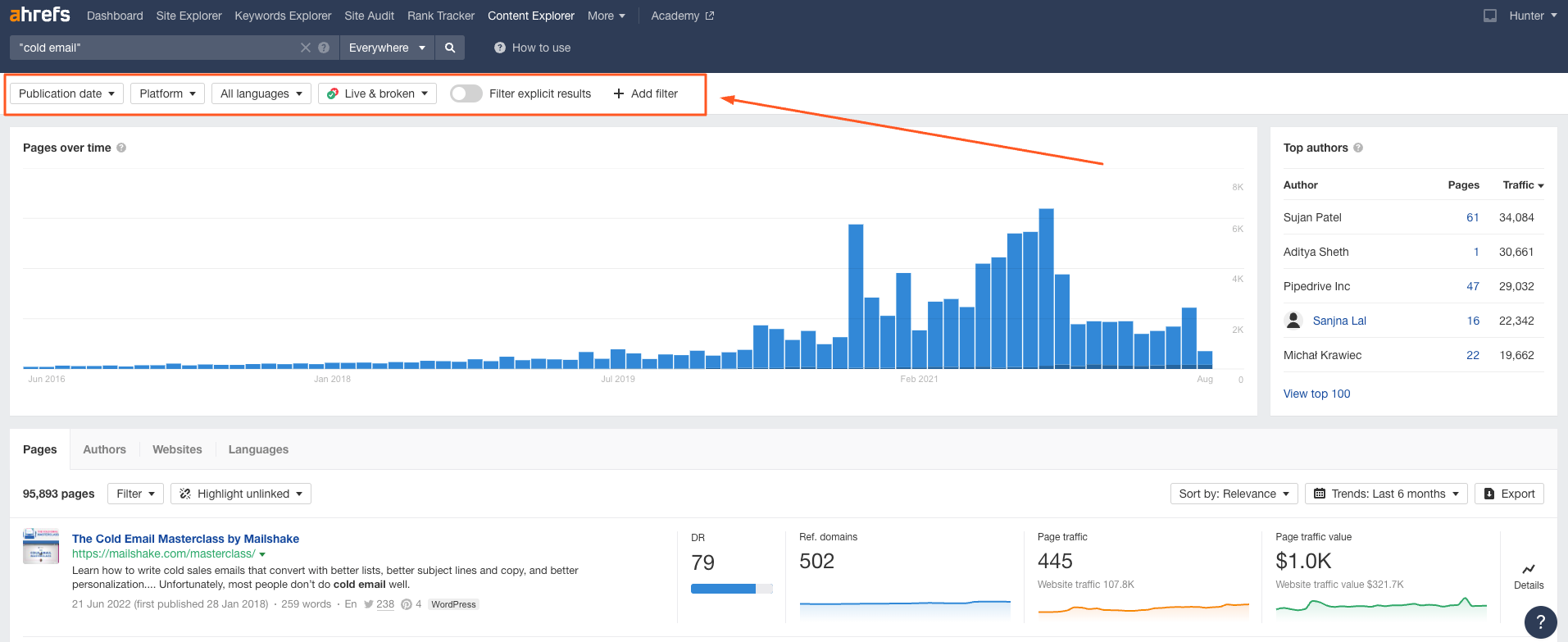 Filtering options in Ahrefs' Content Explorer