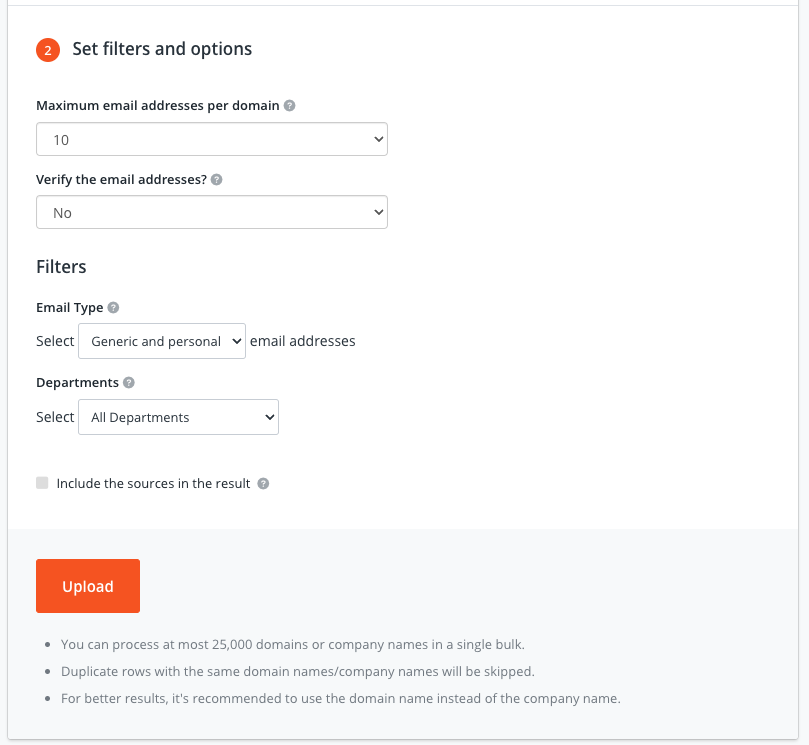 Bulk Domain Search filters and settings