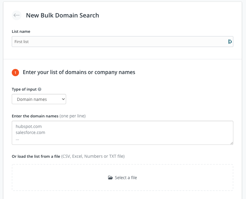 Uploading a prospect list to Bulk Domain Search