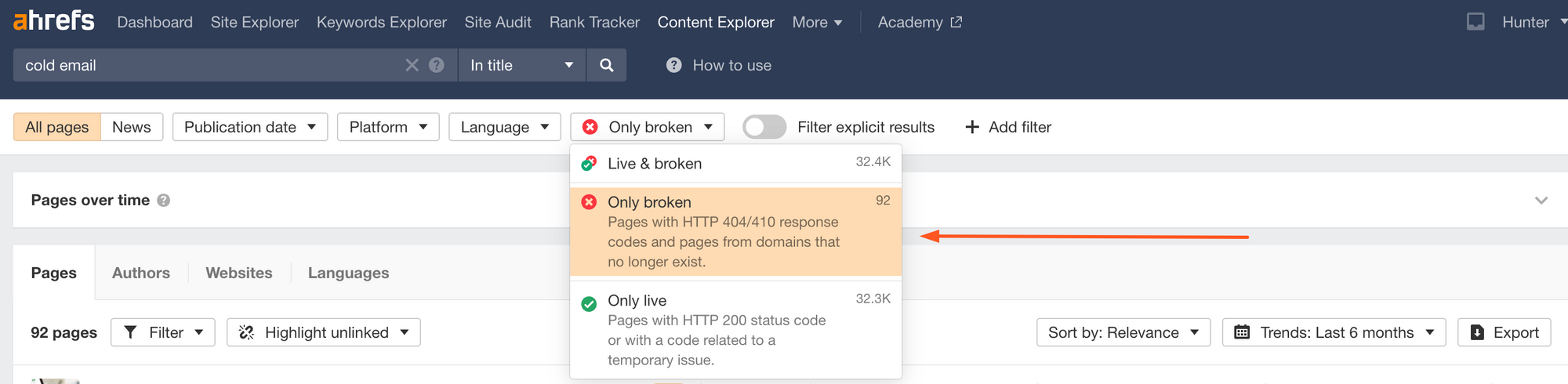 Filtering for broken pages in Ahrefs' Content Explorer tool