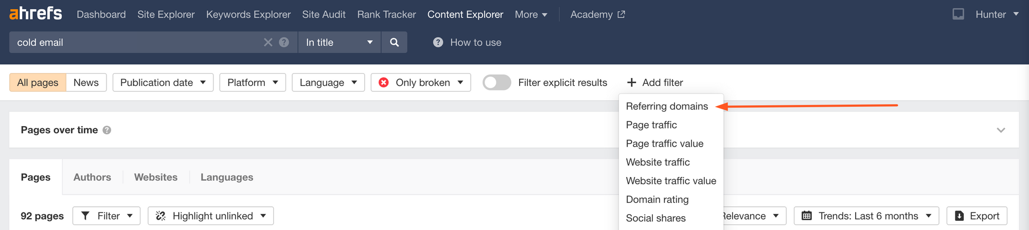 Setting a referring domains filter in Ahrefs' Content Explorer tool