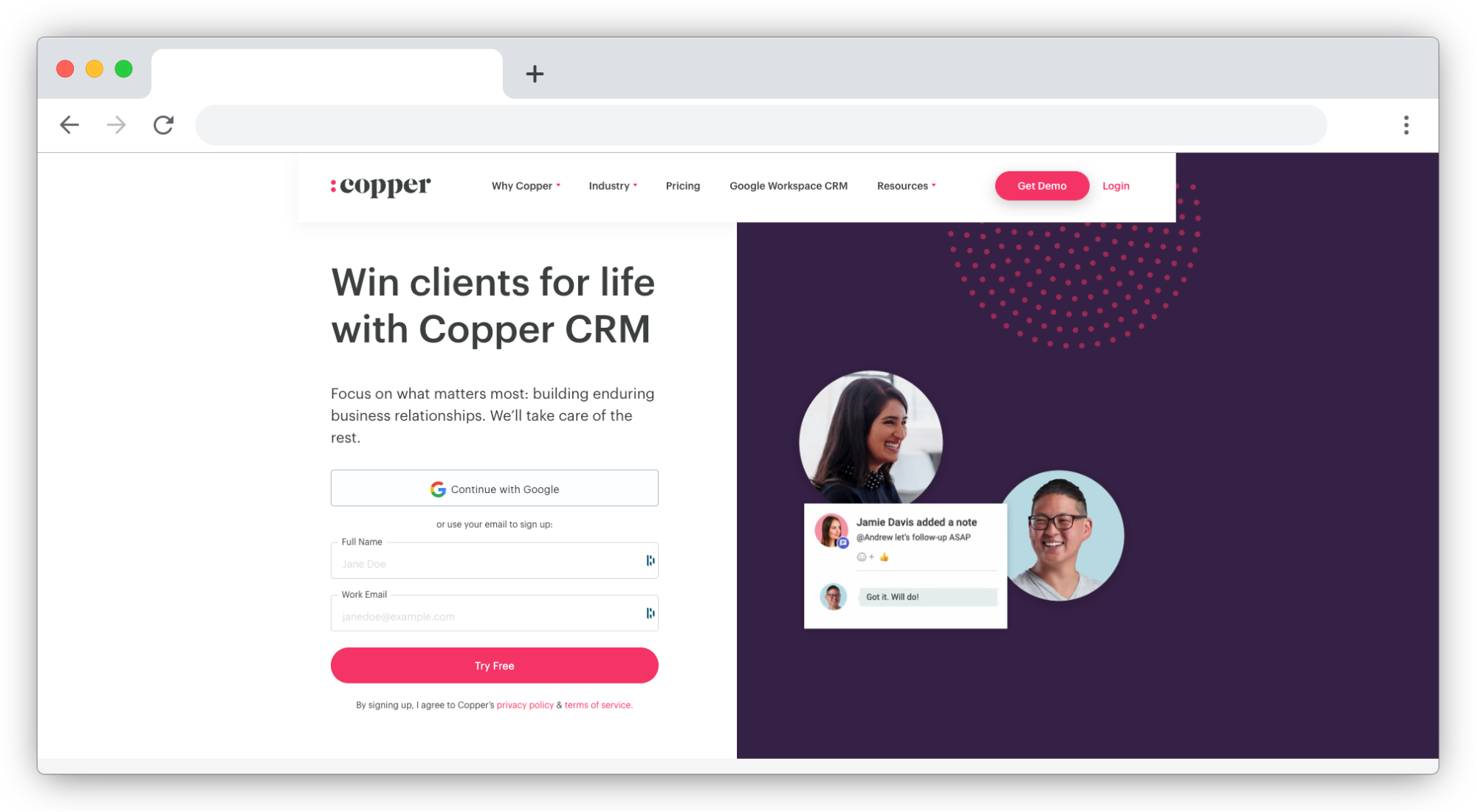 copper crm homepage screenshot