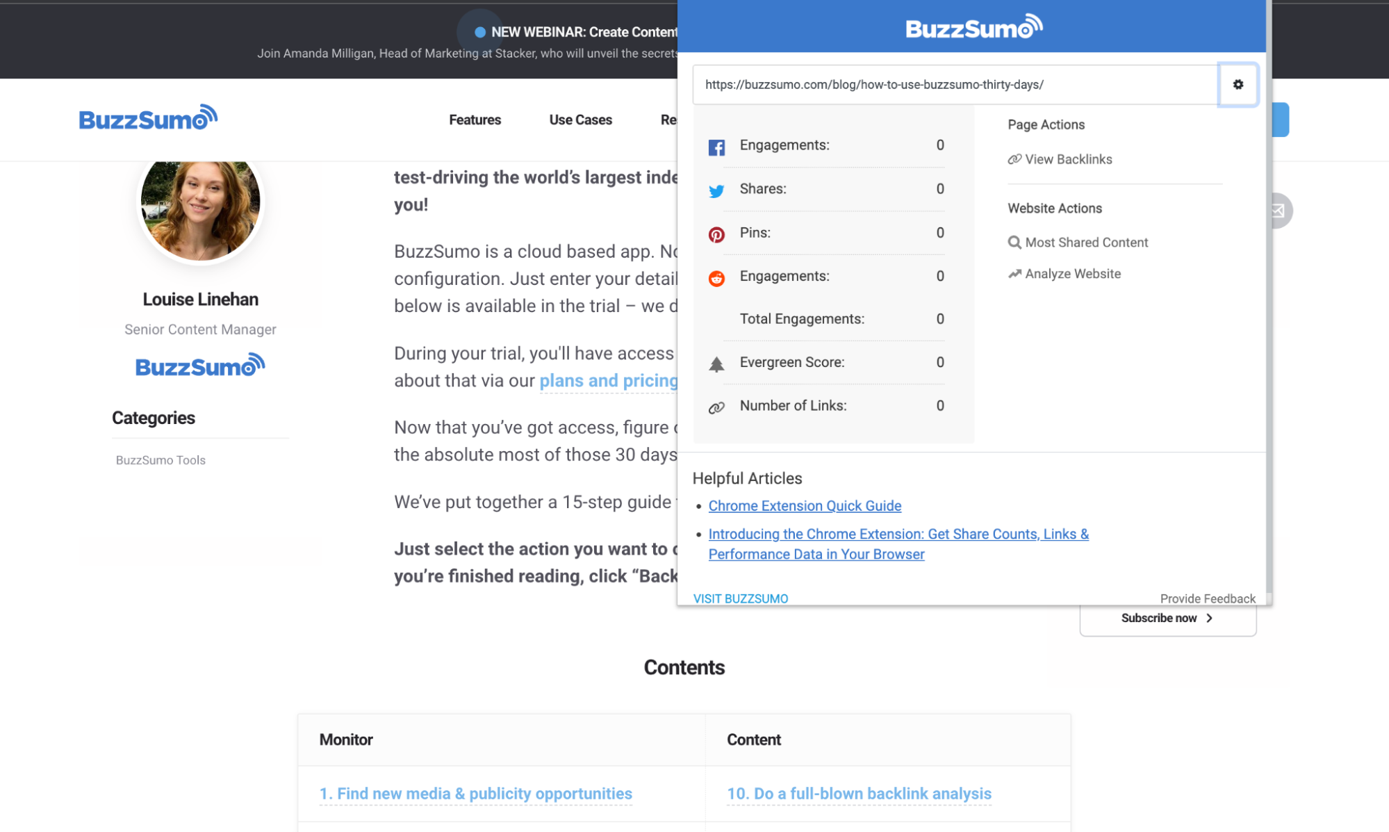A screenshot of Buzzsumo's Chrome extension