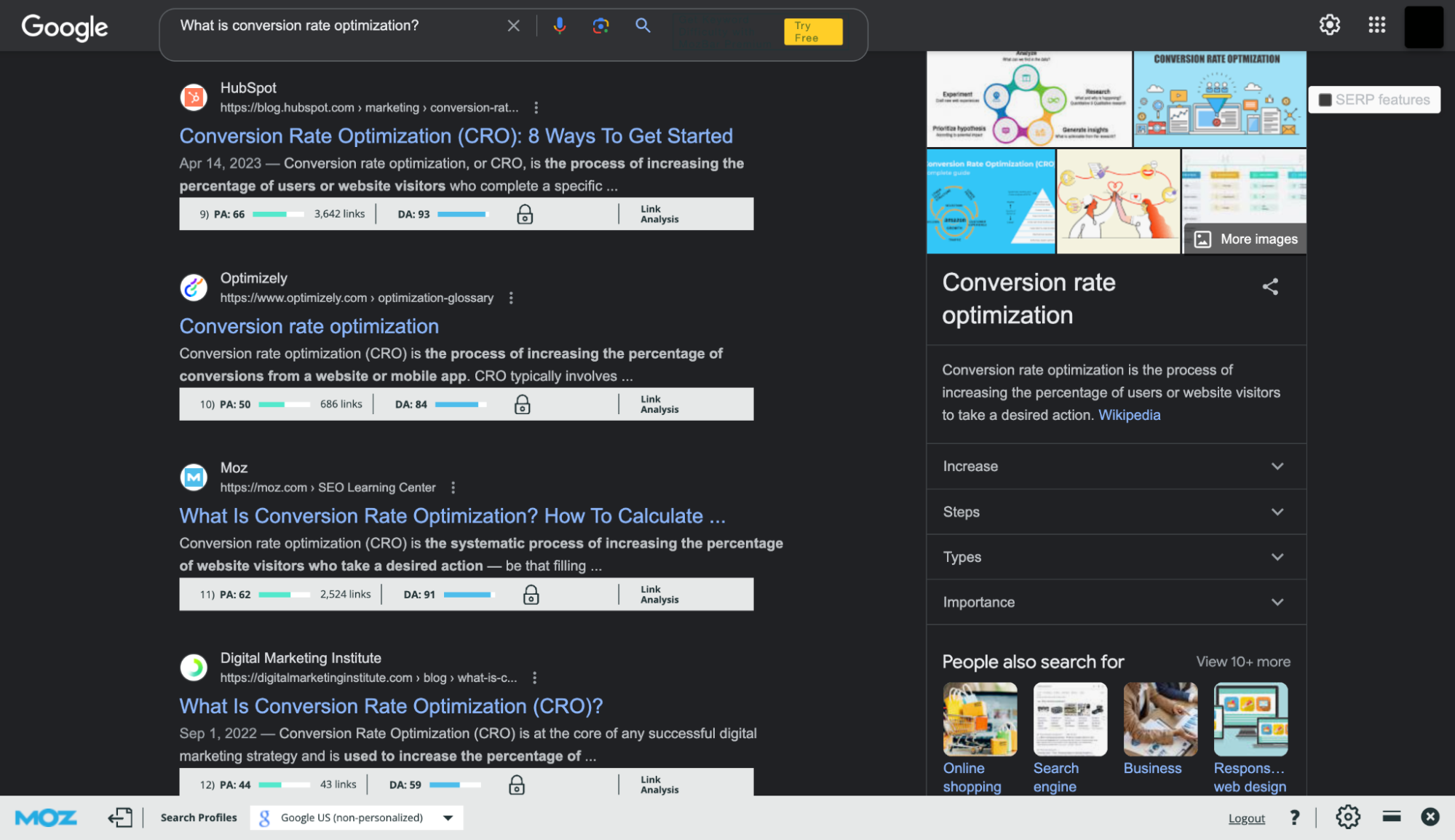A screenshot of the Mozbar Chrome extension