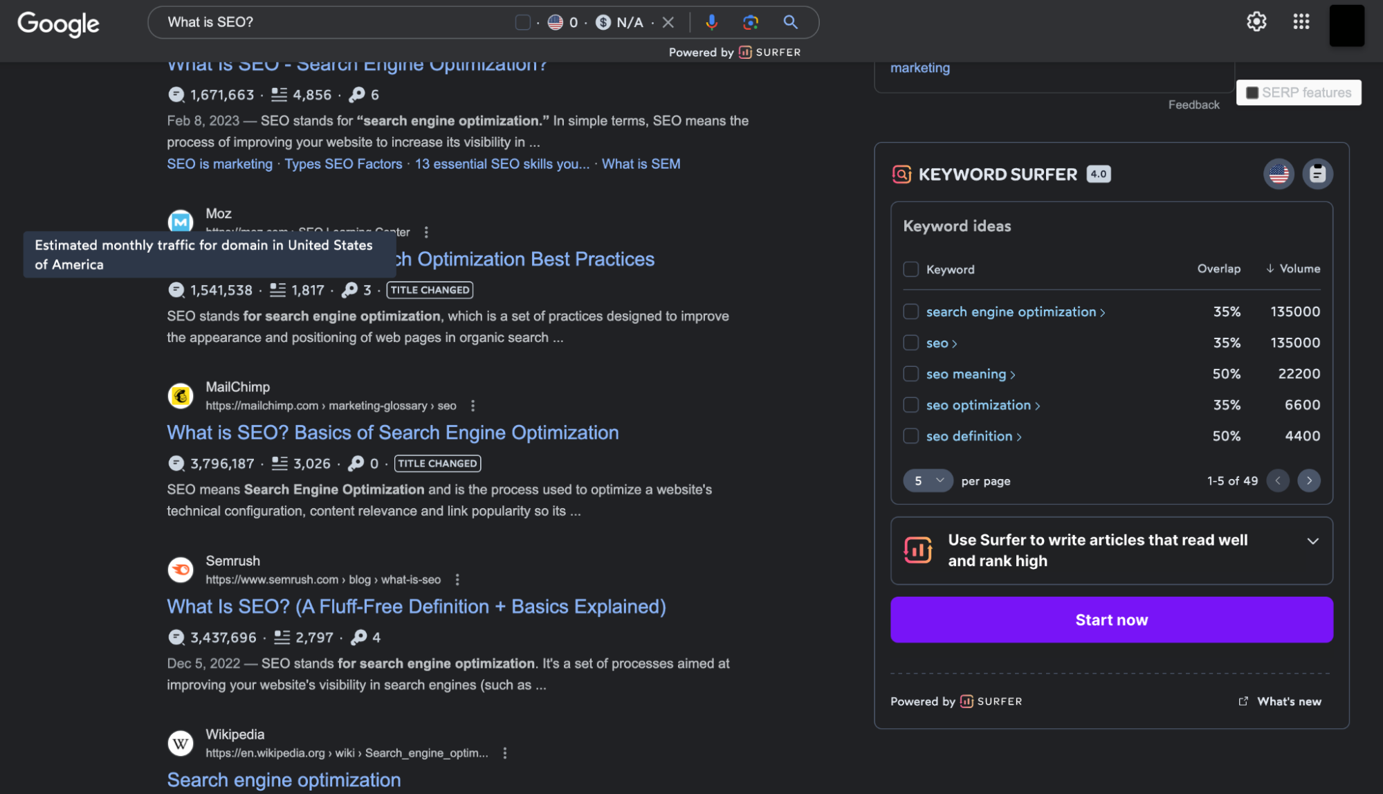 A screenshot of SurferSEO's Chrome extension