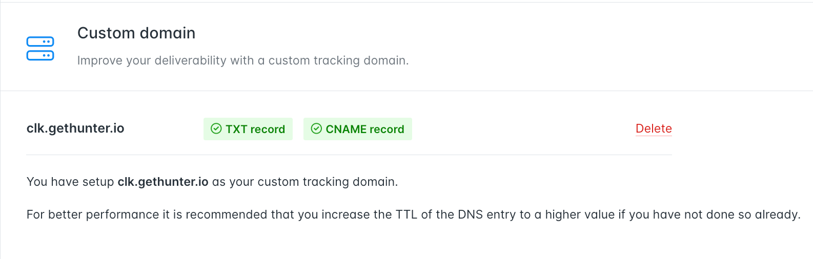 Hunter Campaigns interface to configure a custom tracking domain