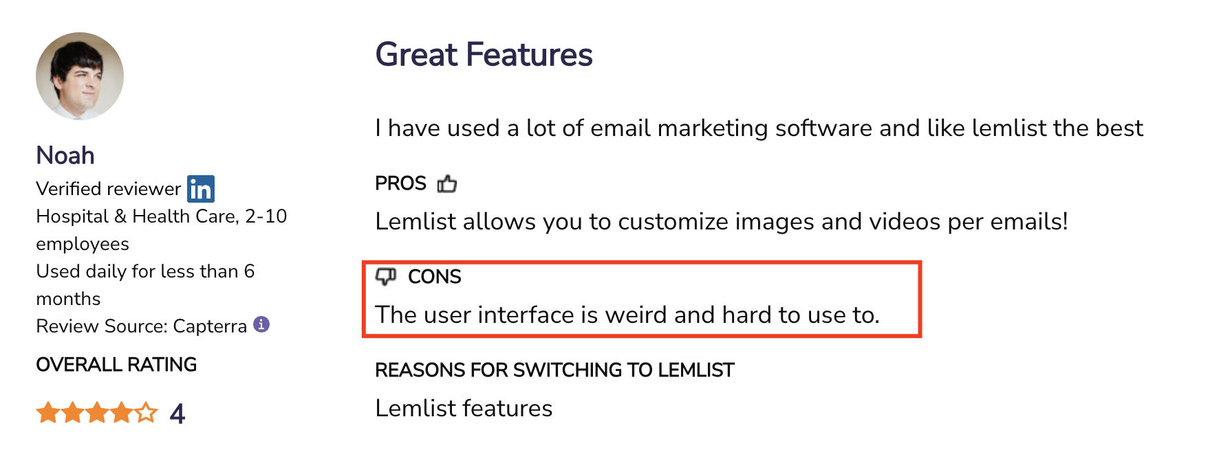 Screenshot of a Lemlist review on softwareadvice.com