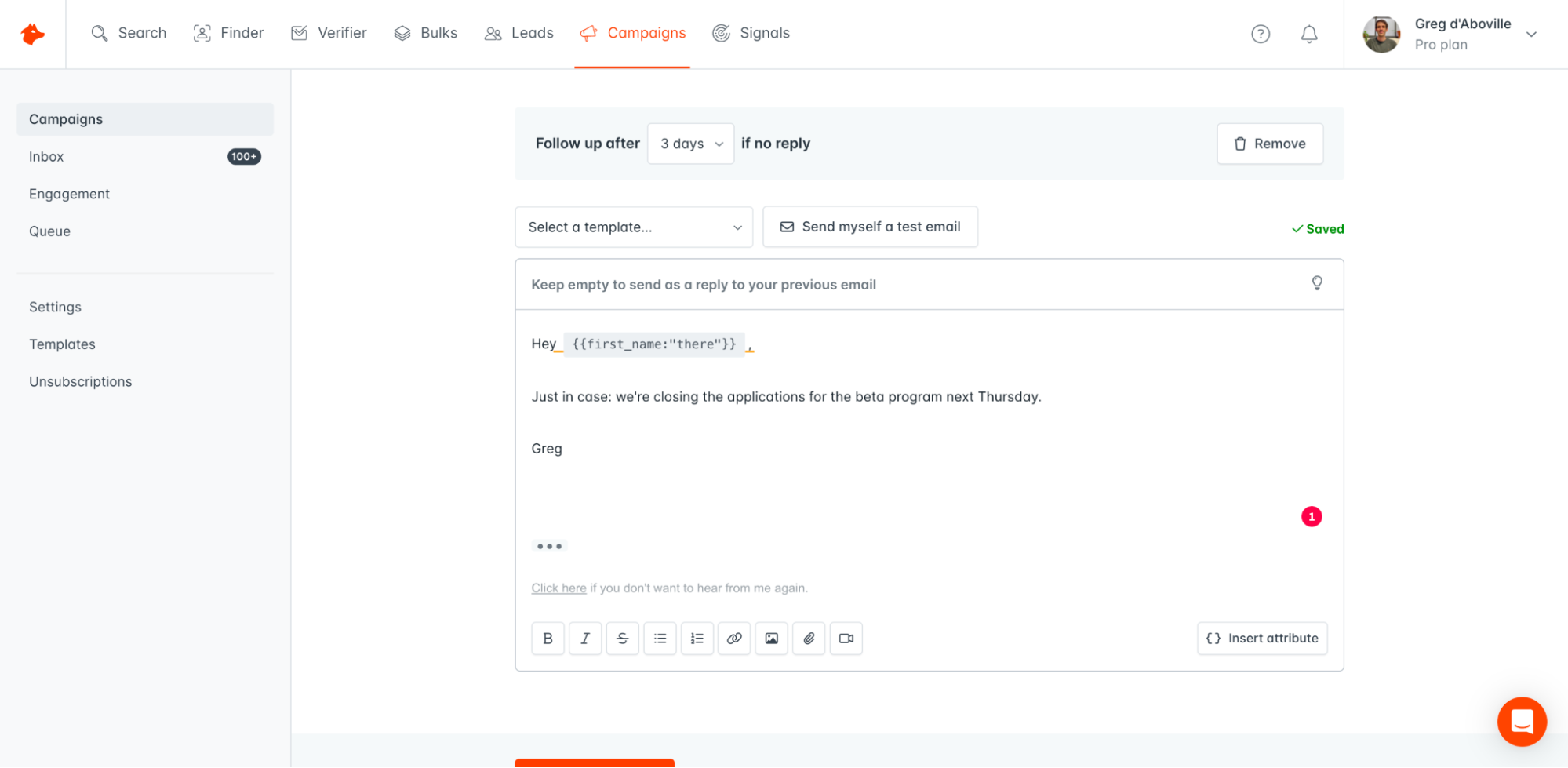 Screenshot of an automated follow-up email