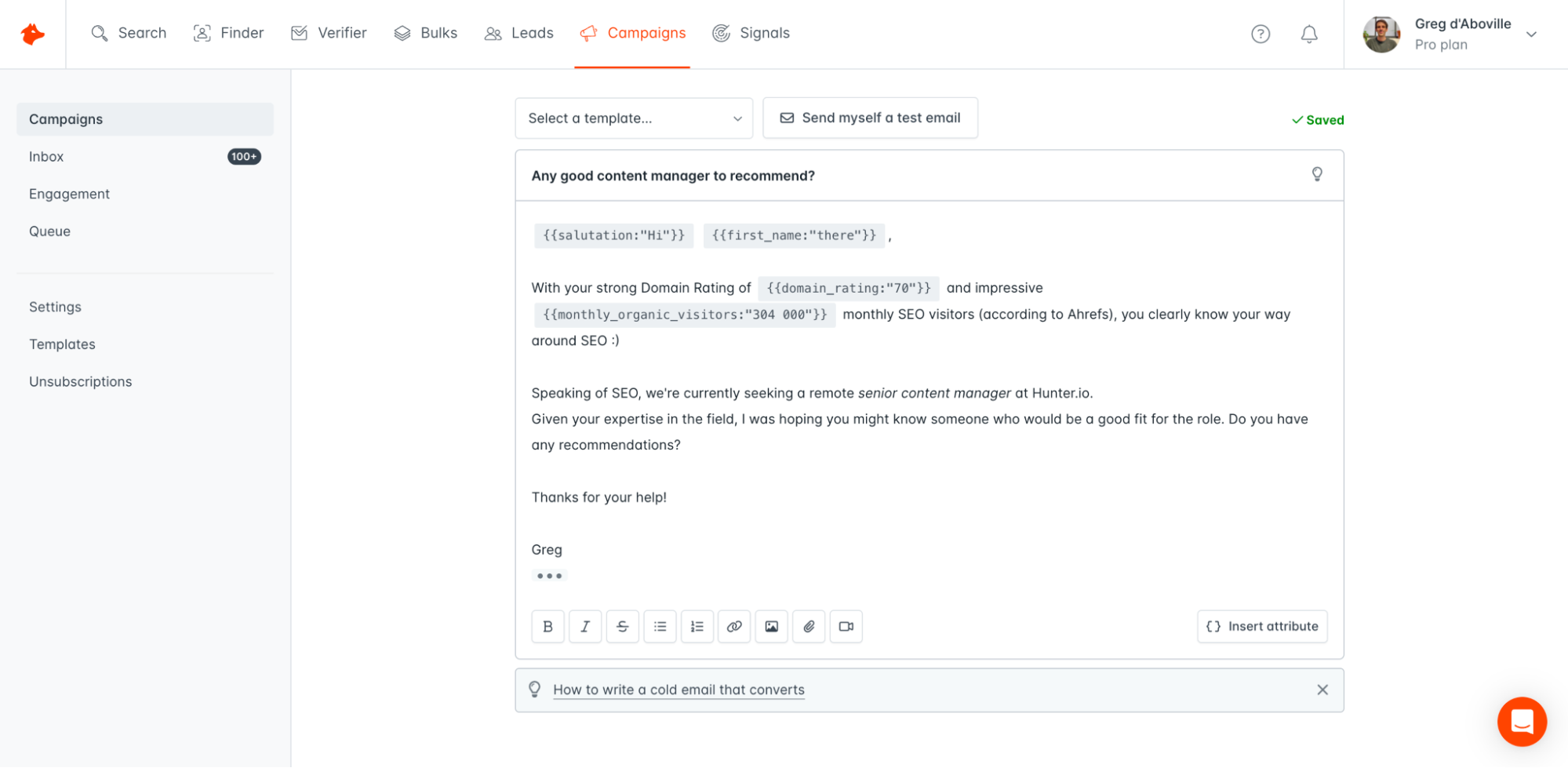 Screenshot of a cold email featuring user attributes