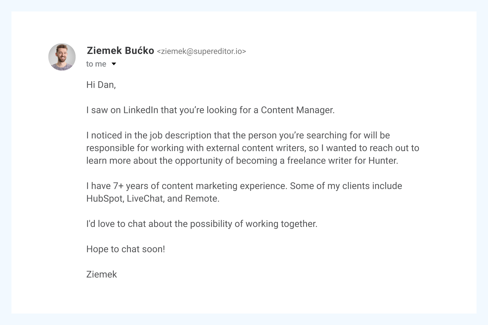 a cold email that uses a job offer to advertise content services