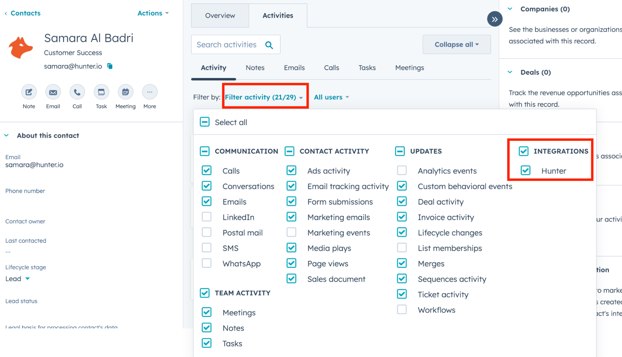 viewing leads coming from Hunter by applying an "integrations" filter in HubSpot