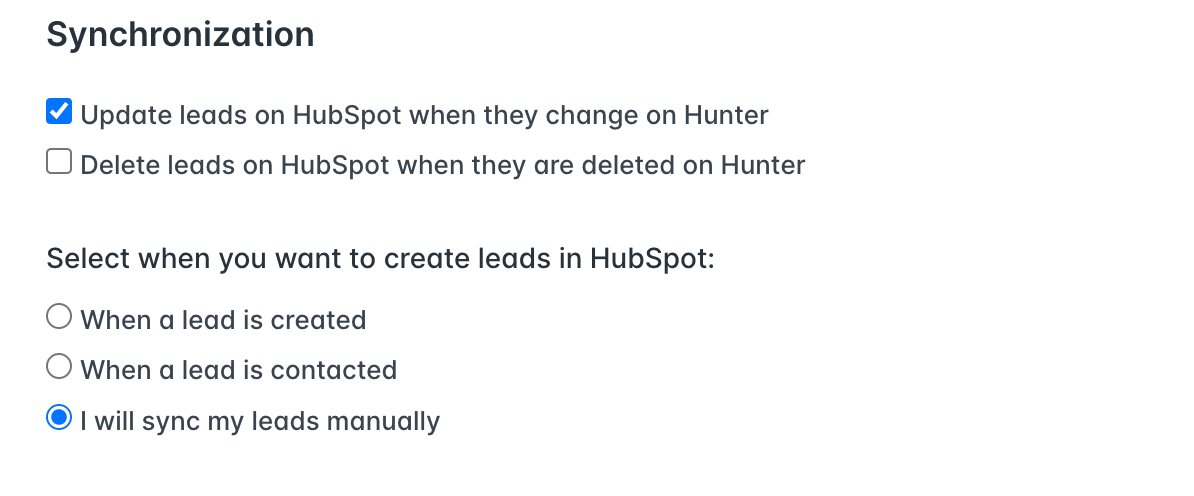 Options for how leads are synchronized with Hunter