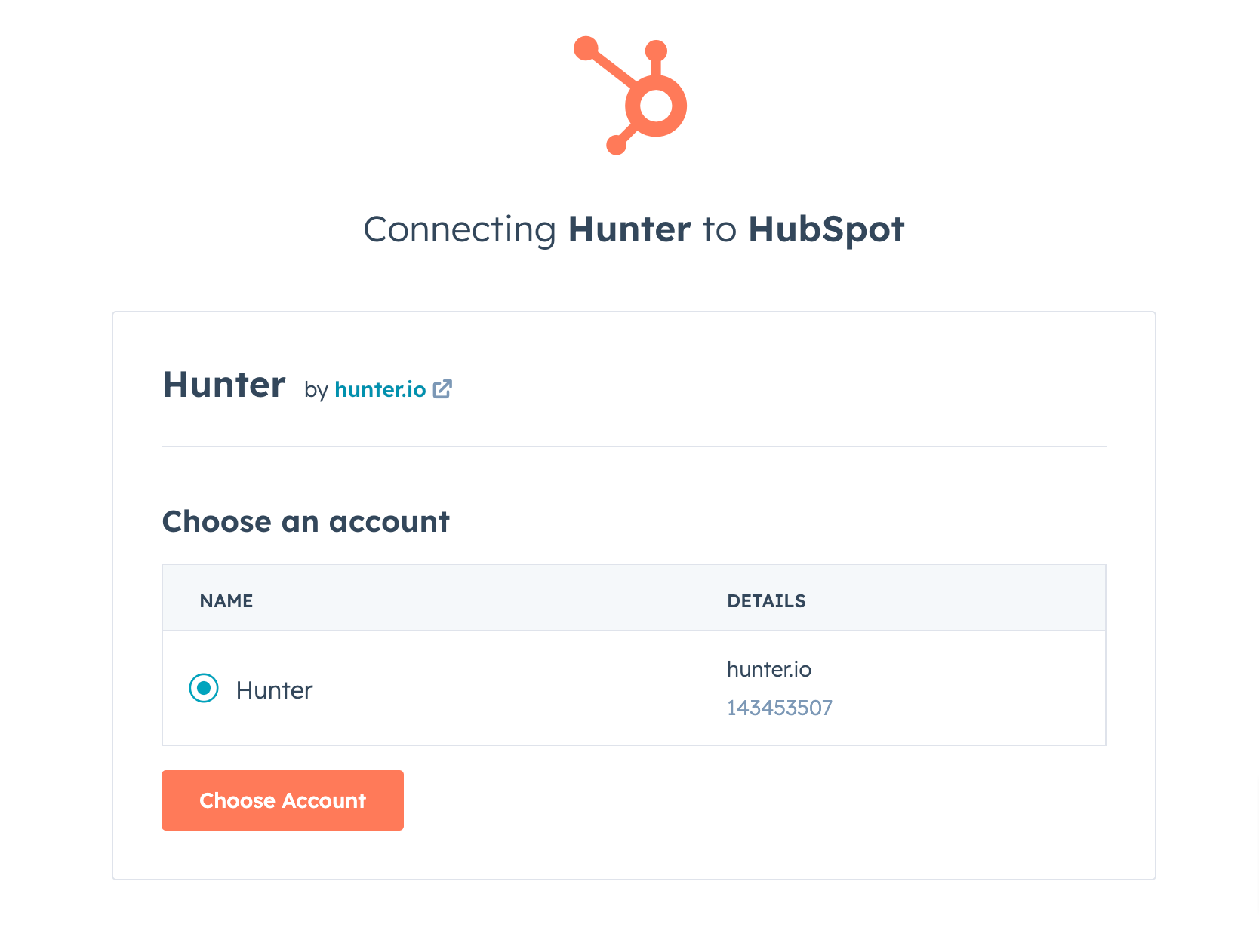 Choosing a Hunter account to connect to HubSpot
