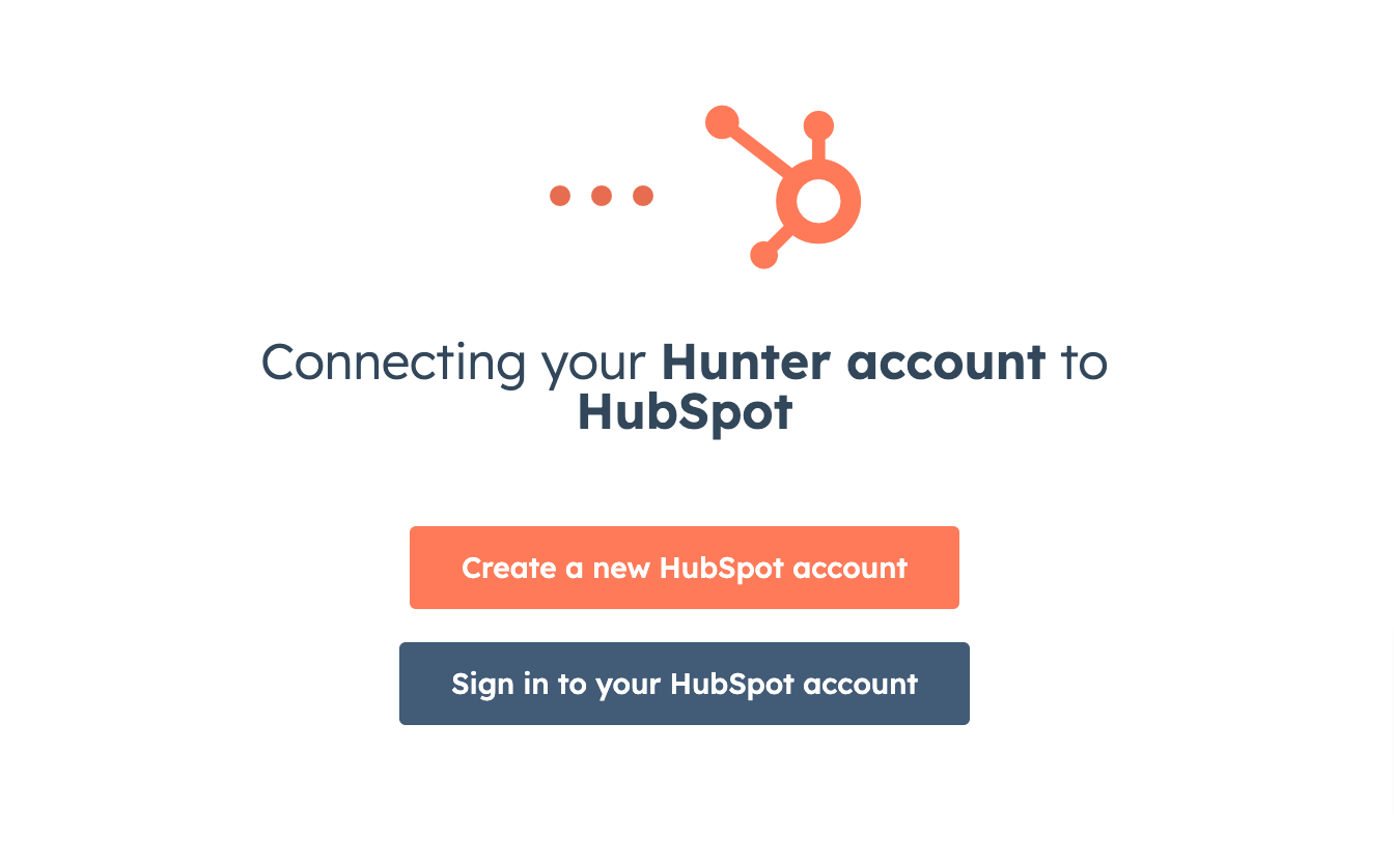 Two options when connecting Hunter to HubSpot: creating a new account or signing in to an existing one